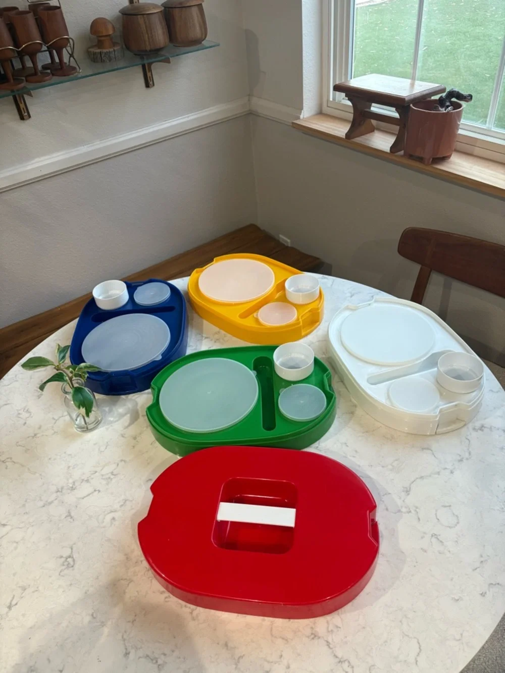 Vintage Colorful Retro Plastic Tray Set - Blue, Yellow, White, Green, Red